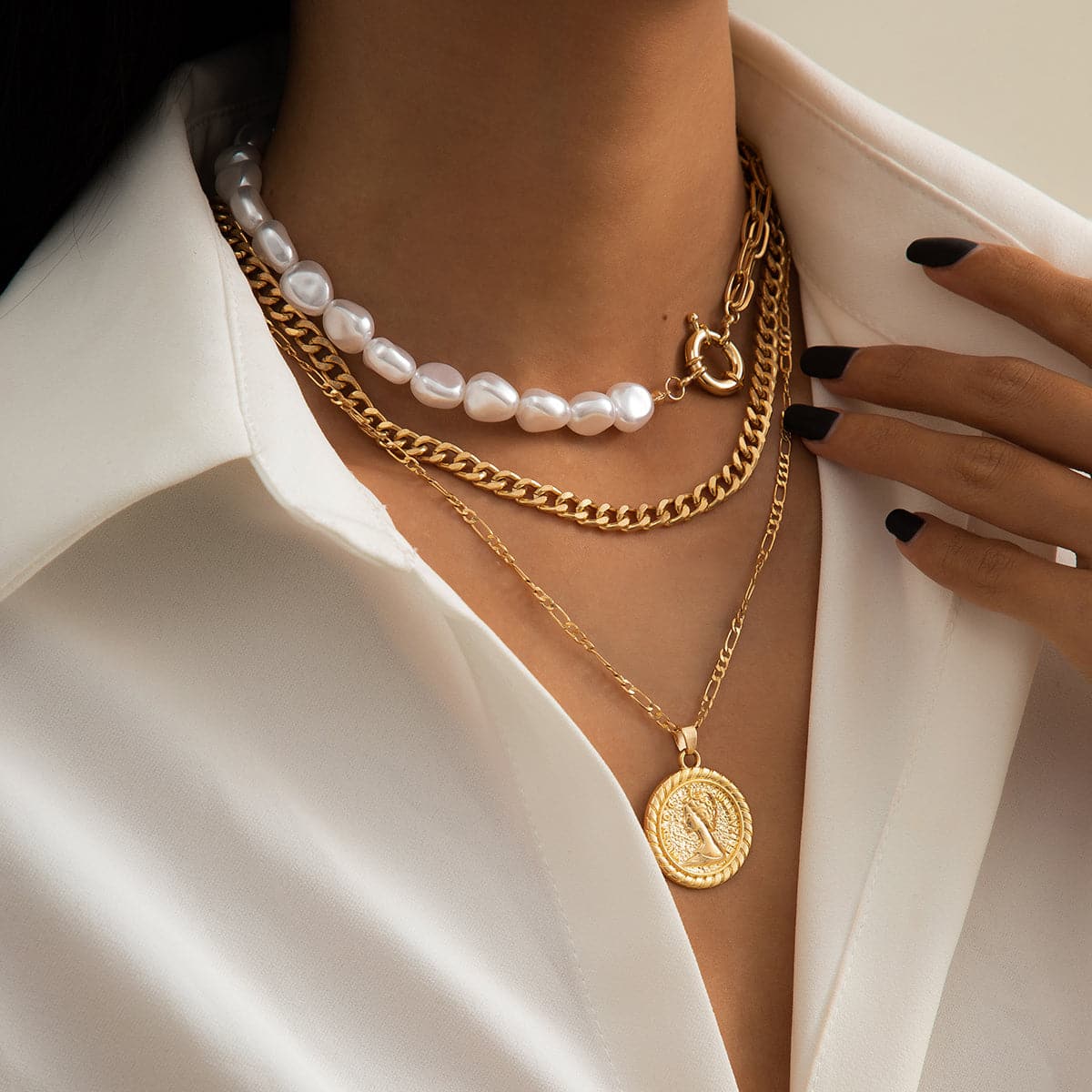 Pearl & 18K Gold-Plated Coin Pendant Necklace Set