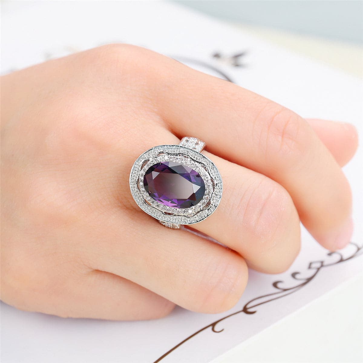 Purple Crystal and Cubic Zirconia Oval Halo Ring, statement rings for women, elegant gift for her, styled look