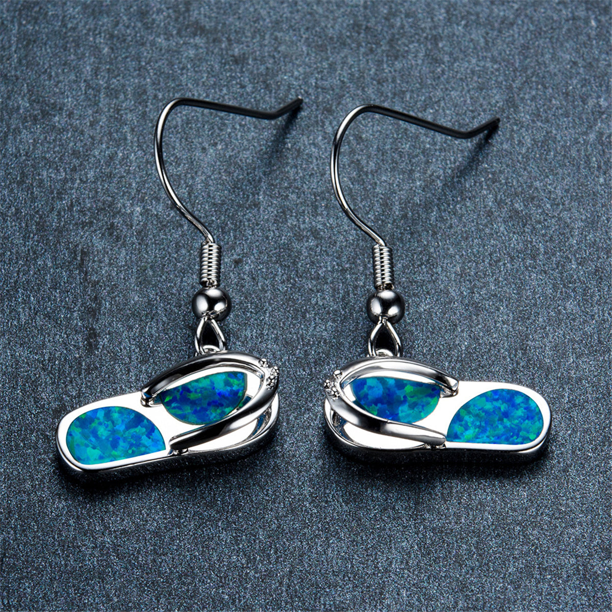 Blue Opal and Silver-Plated Flip-Flop Drop Earrings, silver drop earrings for women, botanical inspired, side view