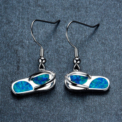 Blue Opal and Silver-Plated Flip-Flop Drop Earrings, silver drop earrings for women, botanical inspired, side view