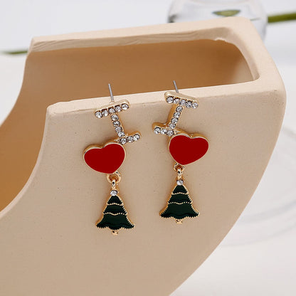 Cubic Zirconia and Enamel 18K Gold-Plated 'I Love Christmas Trees' Drop Earrings, gold drop earrings for women, front view