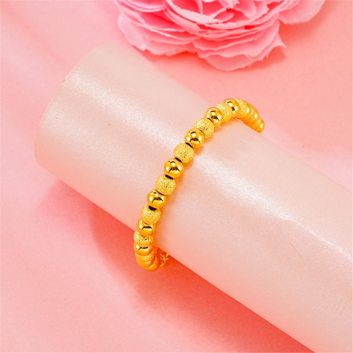 24K Gold-Plated Alternating Frosted Bead Bracelet, gold bracelet for women, everyday style, front view
