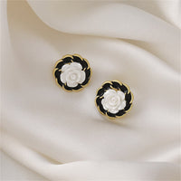 White Resin & Black Enamel 18k Gold-Plated Camellia Stud Earrings