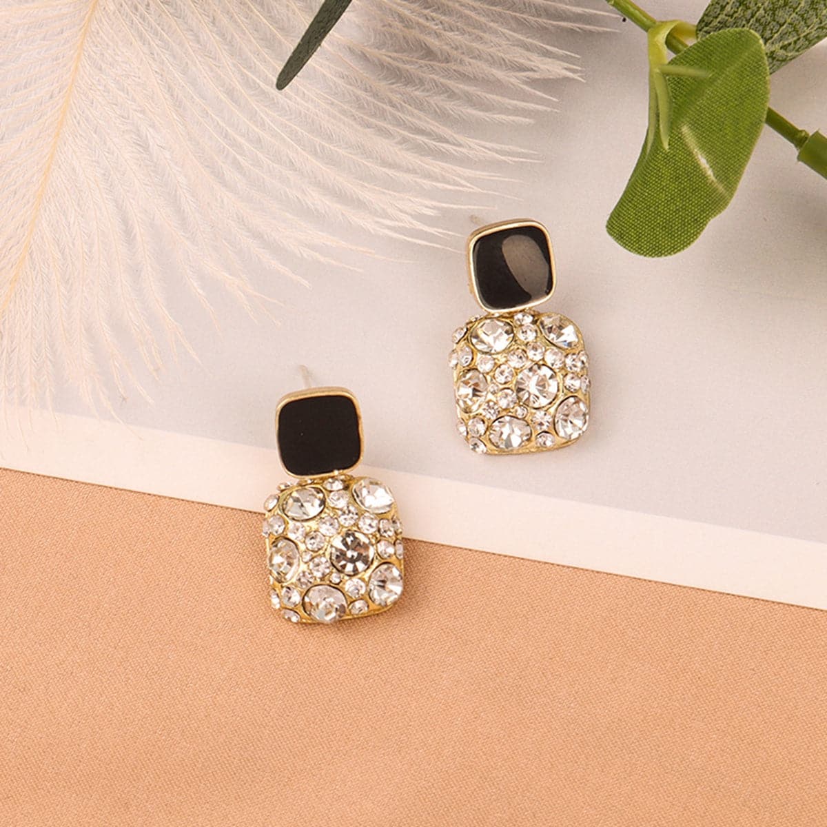 Cubic Zirconia and Black Square Drop Earrings, stud earrings for women, elegant gift for her, side view