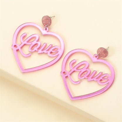 Pink and Silver-Plated Open Heart 'Love' Drop Earrings, silver drop earrings for women, vintage-inspired design, side view