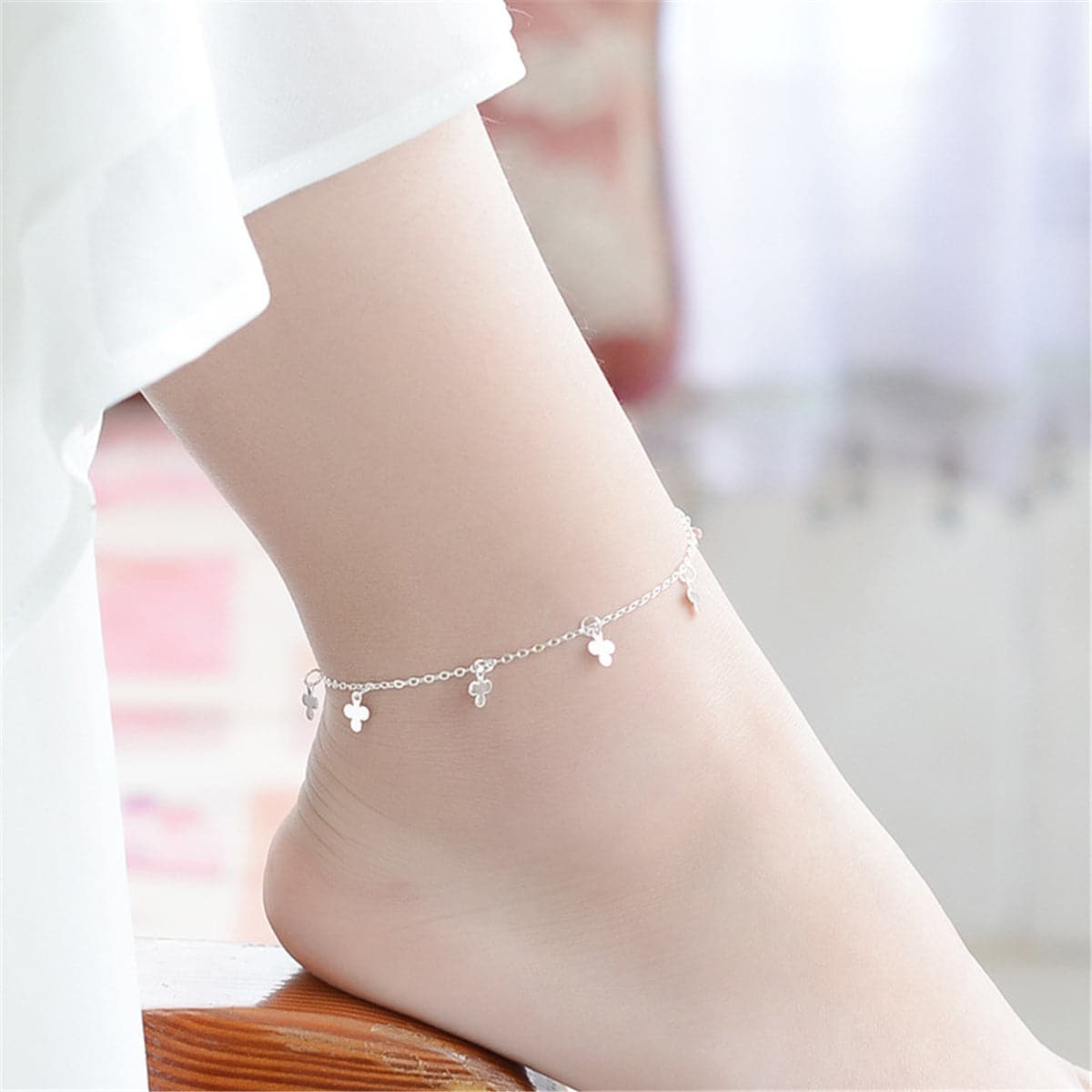 Silver-Plated Clover Charm Anklet