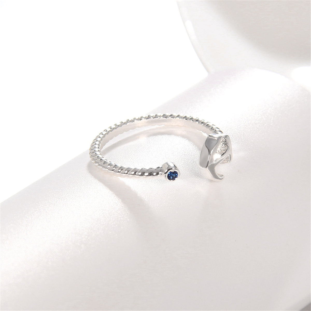 Blue Cubic Zirconia and Silver-Plated Anchor Open Ring, silver statement rings for women, lifestyle look