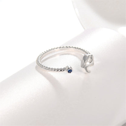 Blue Cubic Zirconia and Silver-Plated Anchor Open Ring, silver statement rings for women, lifestyle look