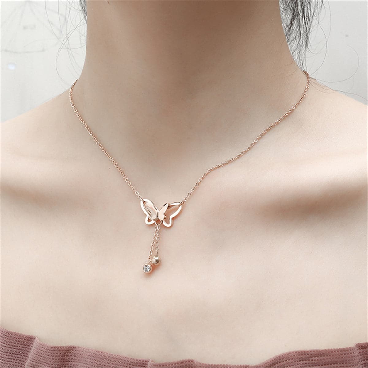 Cubic Zirconia & 18K Rose Gold-Plated Butterfly Tassel Pendant Necklace