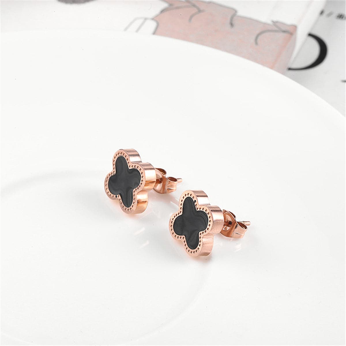 Black & 18k Rose Gold-Plated Clover Stud Earrings - streetregion