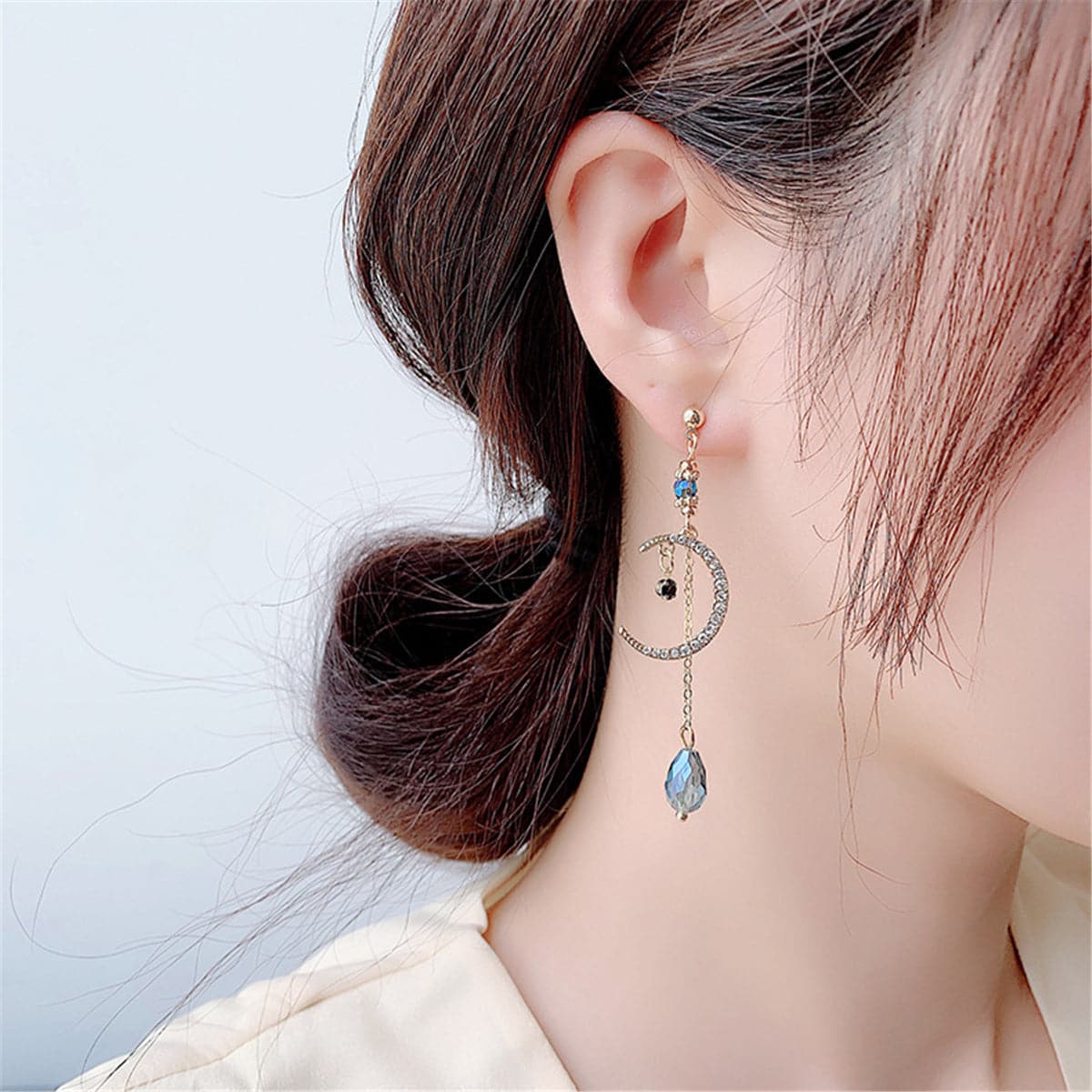 Cubic Zirconia and Crystal Pearl Moon Asymmetrical Drop Earrings, drop earrings for women, elegant gift for her, front view