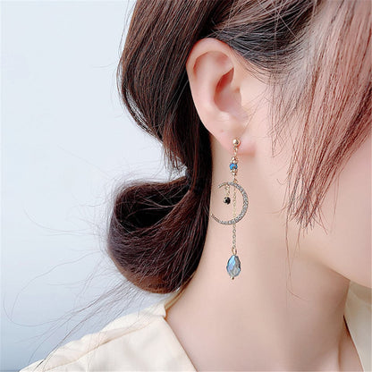 Cubic Zirconia and Crystal Pearl Moon Asymmetrical Drop Earrings, drop earrings for women, elegant gift for her, front view