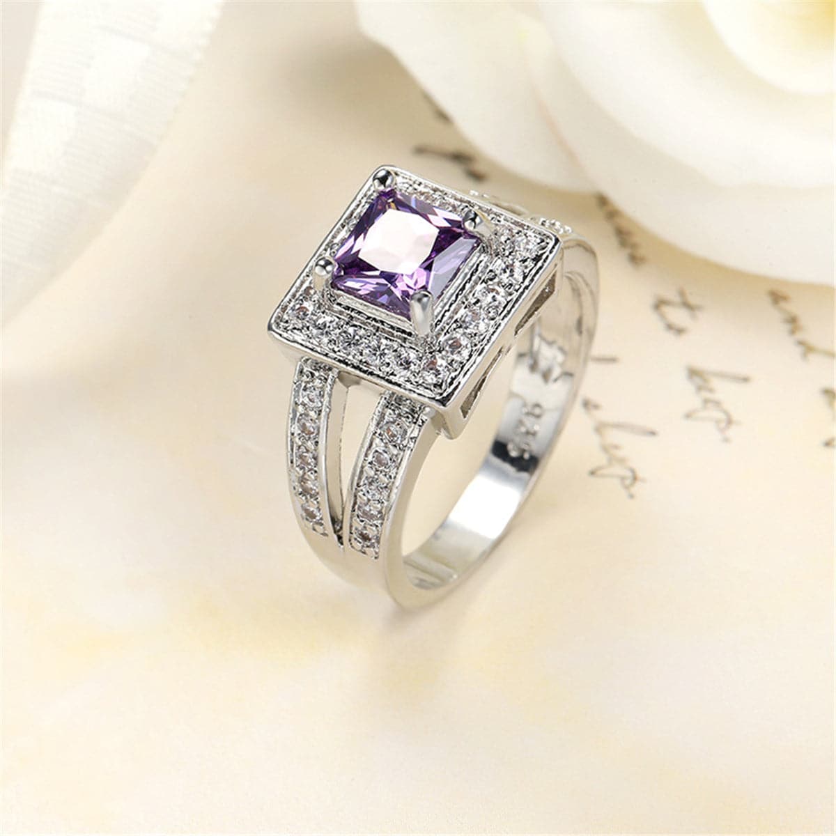 Purple Crystal & Cubic Zirconia Silver-Plated Halo Princess-Cut Ring