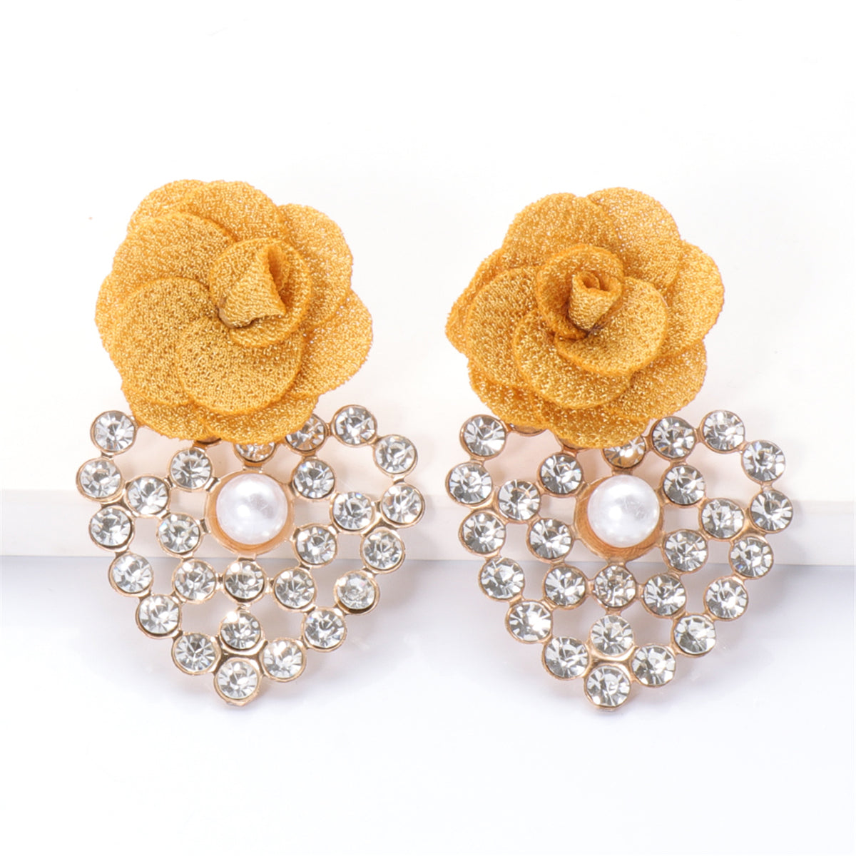 Yellow Lace & Cubic Zirconia Flower Drop Earrings