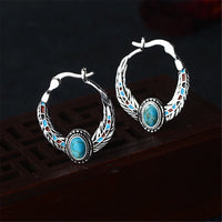 Turquoise & Silver-Plated Feather Hoop Earrings