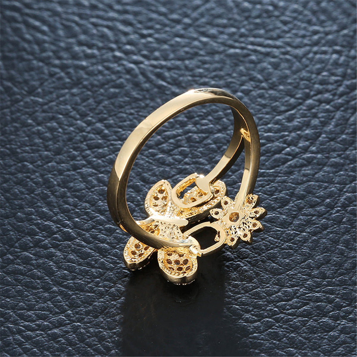 Cubic Zirconia and Gold-Plated Dragonfly Ring, gold statement rings for women, botanical inspired, side view