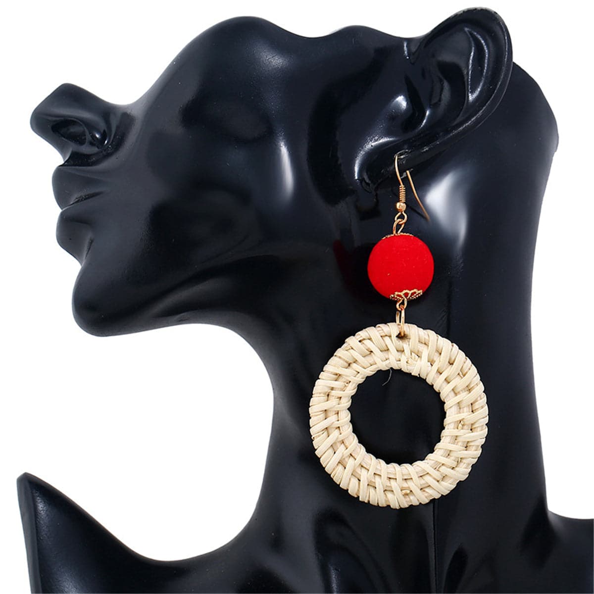 Red Polyster & Rattan Open Circle Drop Earrings