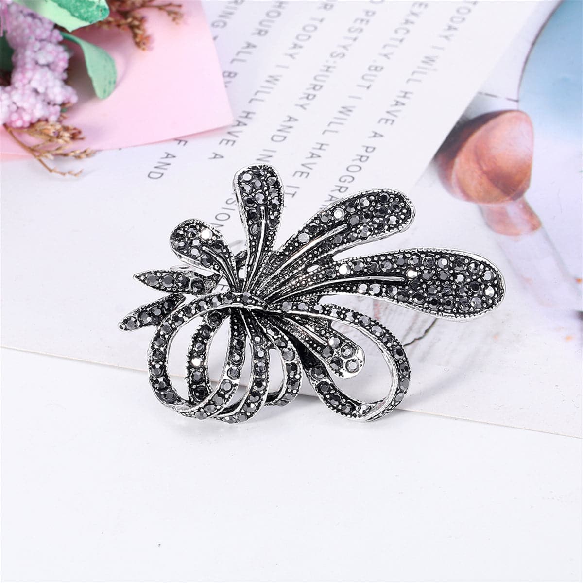 Black Cubic Zirconia and Silver-Plated Flower Brooch, silver brooch pin, elegant gift for her, side view