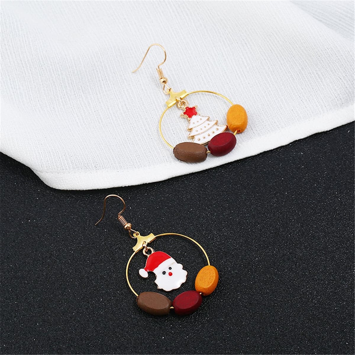 Wood and Santa Claus and Christmas Tree Drop Earrings, drop earrings for women, botanical inspired, front view
