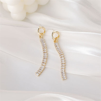 Crystal and 18K Gold-Plated Baguette-Cut Drop Earrings, gold drop earrings for women, everyday style, side view