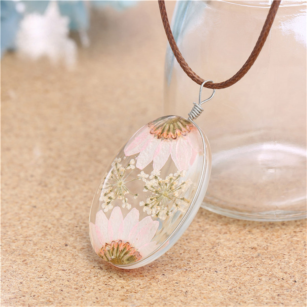 Pink Peach Blossom & Resin Cord Silver-Plated Oval Pendant Necklace