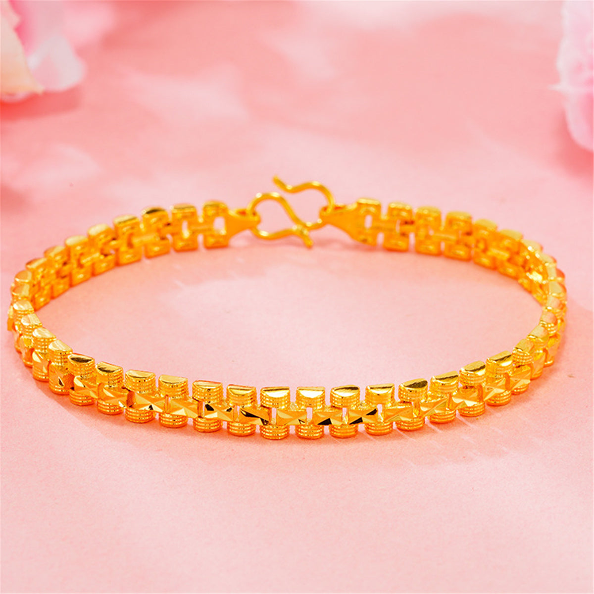 24K Gold-Plated Frosted Link Bracelet, gold bracelet for women, botanical inspired, front view