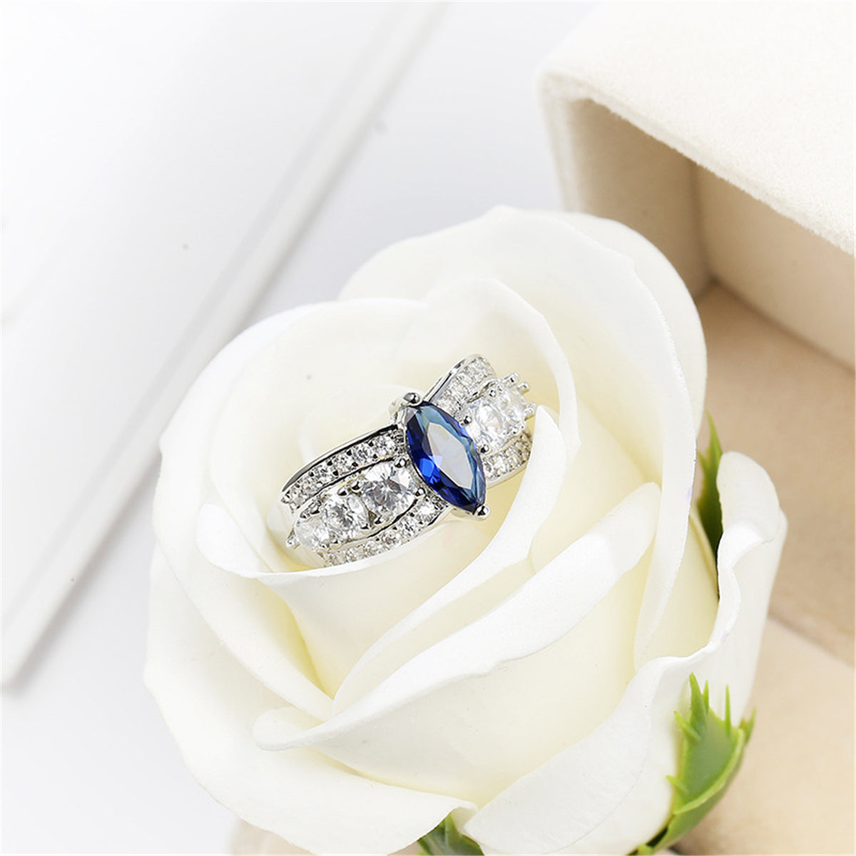Navy Crystal and Cubic Zirconia Marquis Ring, statement rings for women, vintage-inspired design, styled look