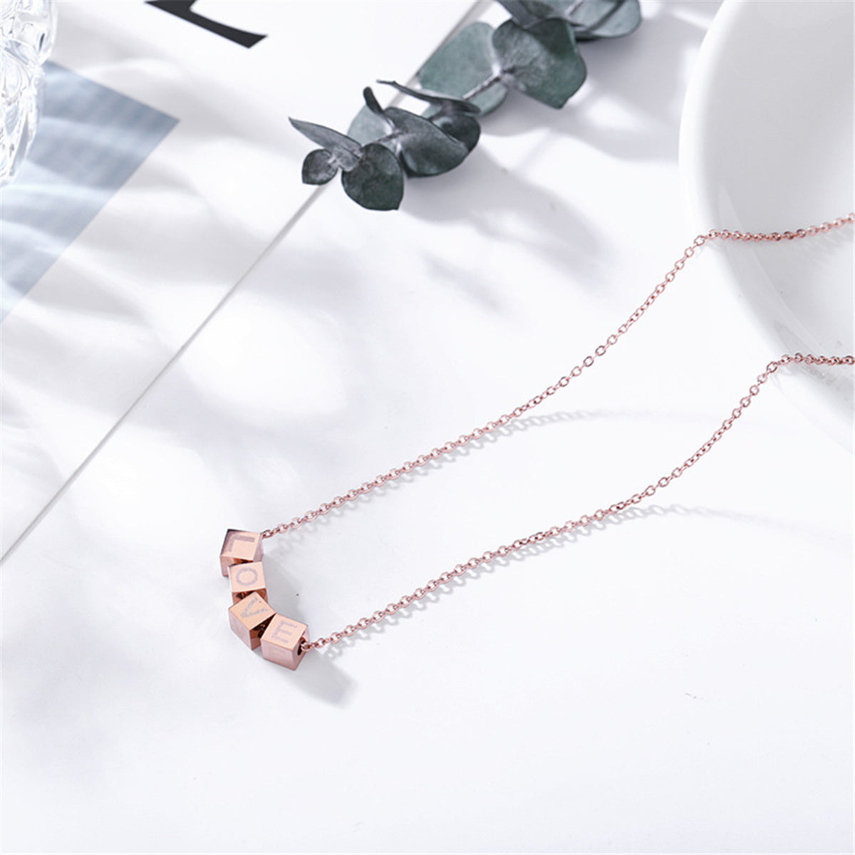 18K Rose Gold-Plated Linked-Cube Pendant Necklace, rose gold pendant necklace for women, elegant gift for her, side view