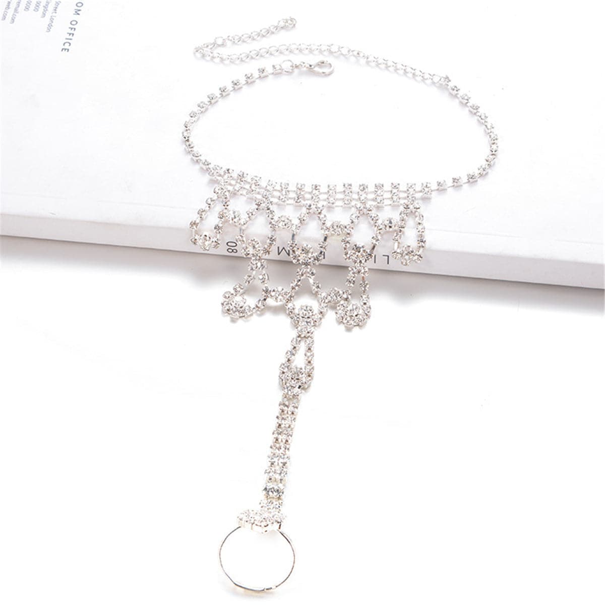 Cubic Zirconia & Silver Plated Ornate Ankle-To-Toe Ring Anklet