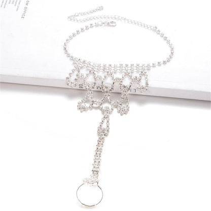 Cubic Zirconia and Silver Plated Ornate Ankle-To-Toe Ring Anklet, silver anklet bracelet, botanical inspired, styled look