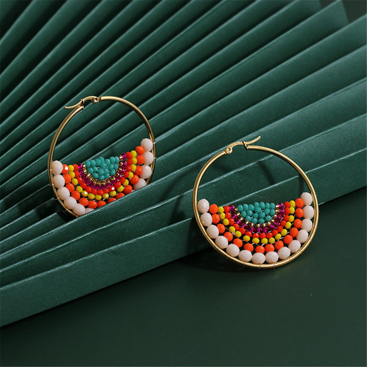 Red and Yellow Acrylic Bead Hoop Earrings, dainty minimalist design, side view