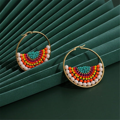 Red and Yellow Acrylic Bead Hoop Earrings, dainty minimalist design, side view