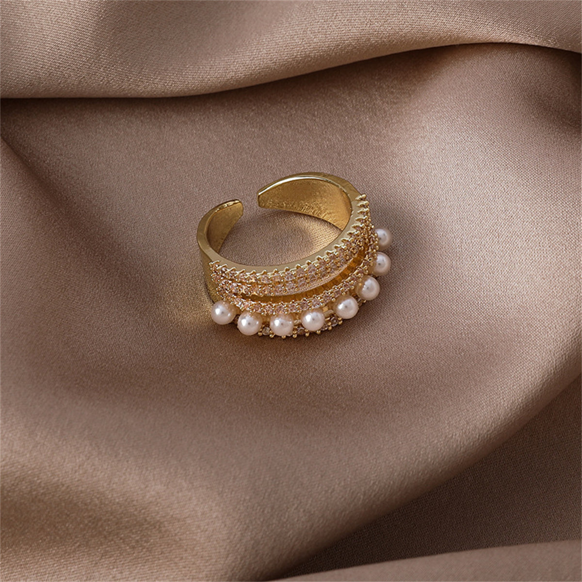 Pearl & Cubic Zirconia 18K Gold-Plated Pavé Layered Open Ring