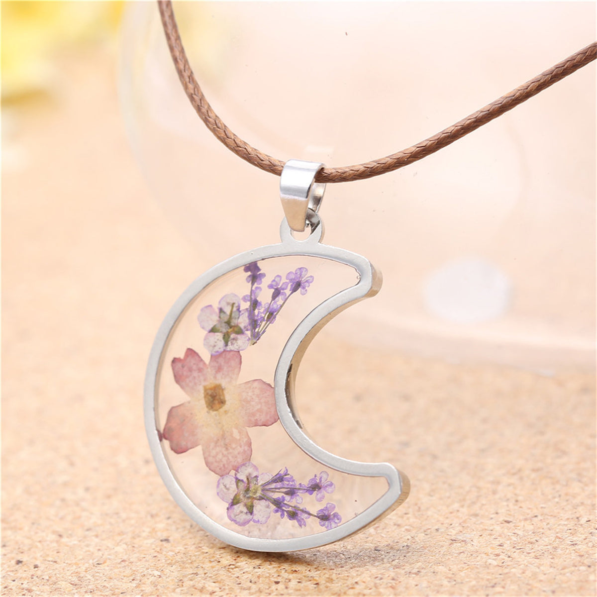 Purple Peach Blossom & Silver-Plated Moon Pendant Necklace