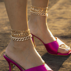 Cubic Zirconia & 18K Gold-Plated Mariner Chain Anklet Set