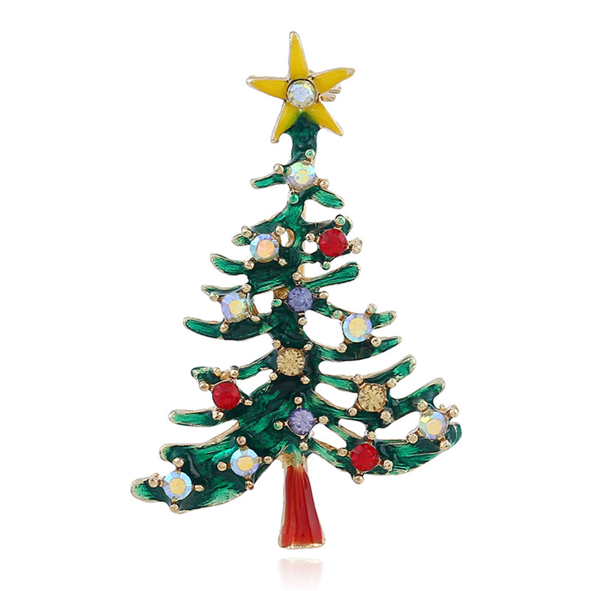 Green Enamel and Red Cubic Zirconia Openwork Christmas Tree Brooch, brooch pin, dainty minimalist design, detail close-up