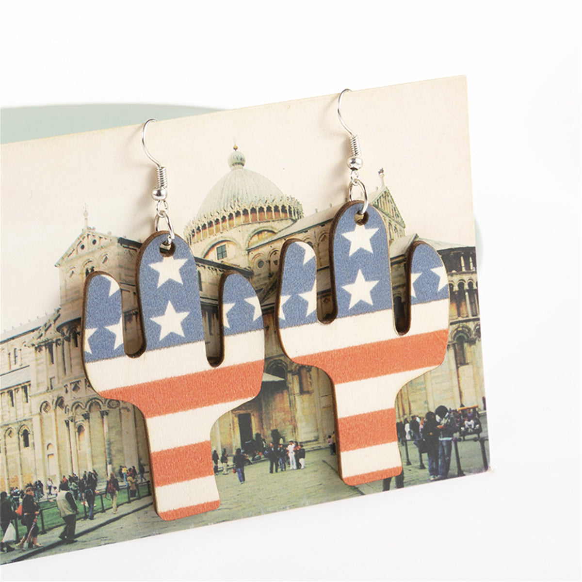 Blue & Red Polystyrene Stars & Stripes Cactus Drop Earrings