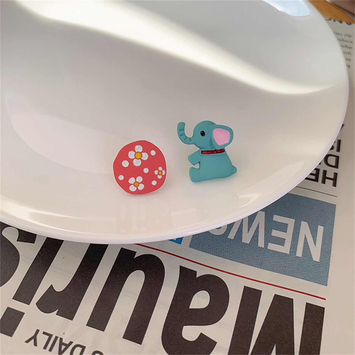 Pink Flower and Teal Enamel Elephant Mismatch Stud Earrings, stud earrings for women, detail close-up