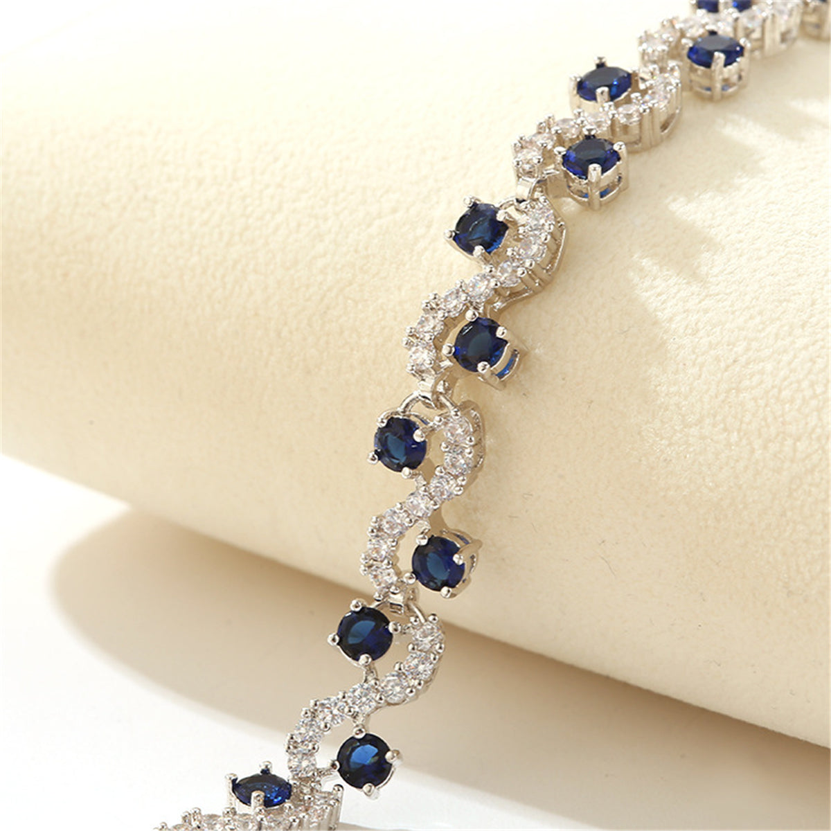 Cubic Zirconia & Blue Crystal Prong Crossing Line Tennis Bracelet