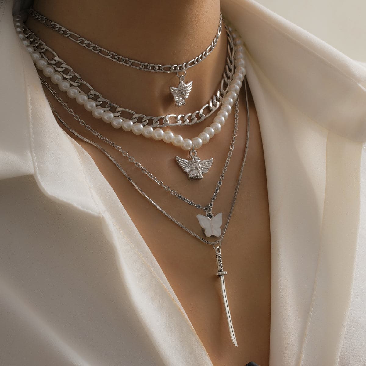 Pearl and Shell Angel Butterfly Pendant Necklace Set, jewelry gift sets for women, vintage-inspired design, side view