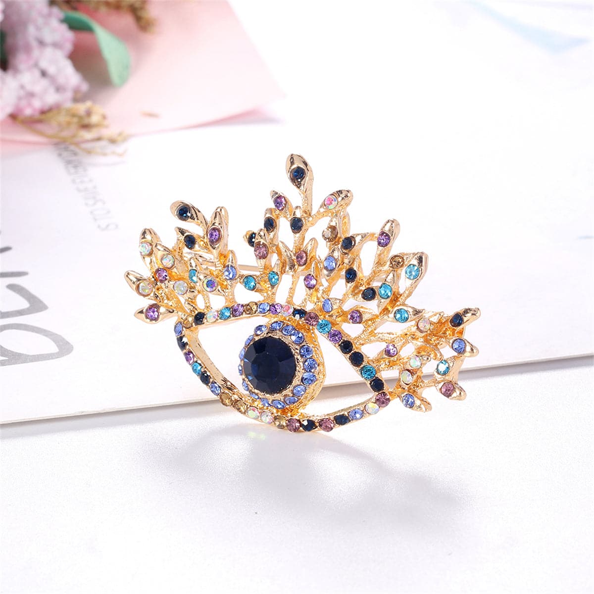 Blue Crystal and Multicolor Cubic Zirconia 18K Gold-Plated Eye Brooch, gold brooch pin, everyday style, side view