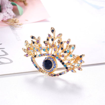 Blue Crystal and Multicolor Cubic Zirconia 18K Gold-Plated Eye Brooch, gold brooch pin, everyday style, side view