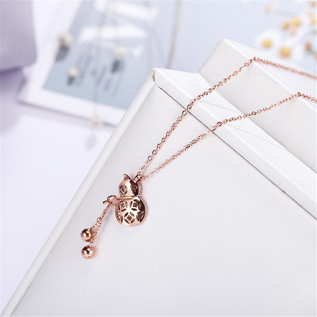 18K Rose Gold-Plated Gourd Pendant Necklace, rose gold pendant necklace for women, dainty minimalist design, side view