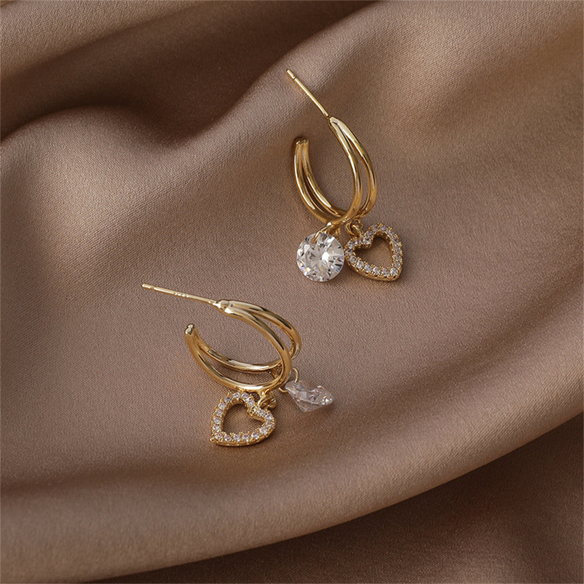Cubic Zirconia and 18K Gold-Plated Heart Drop Earrings, gold drop earrings for women, vintage-inspired design, lifestyle look