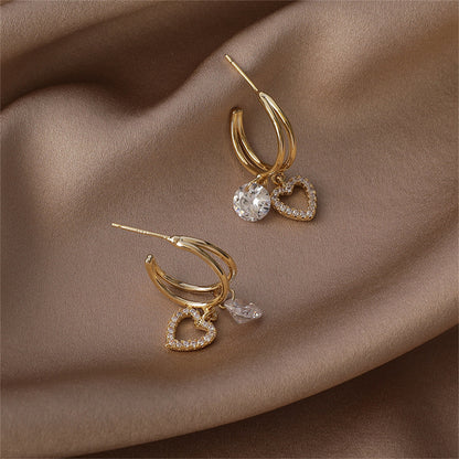 Cubic Zirconia and 18K Gold-Plated Heart Drop Earrings, gold drop earrings for women, vintage-inspired design, lifestyle look