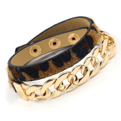 Brown Leopard Print & 18K Gold-Plated Figaro Chain Layered Bracelet