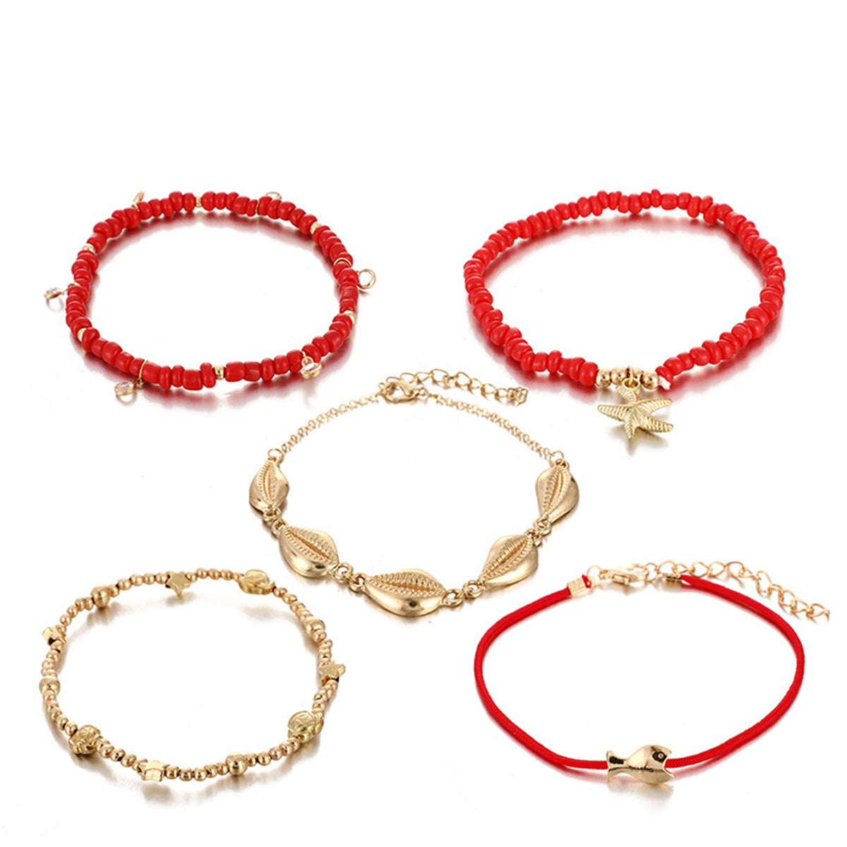 Red & Cubic Zirconia Starfish Charm Anklet Set
