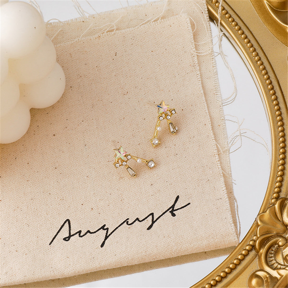 Crystal and Pearl 18K Gold-Plated Star Jacket Earrings, gold stud earrings for women, detail close-up