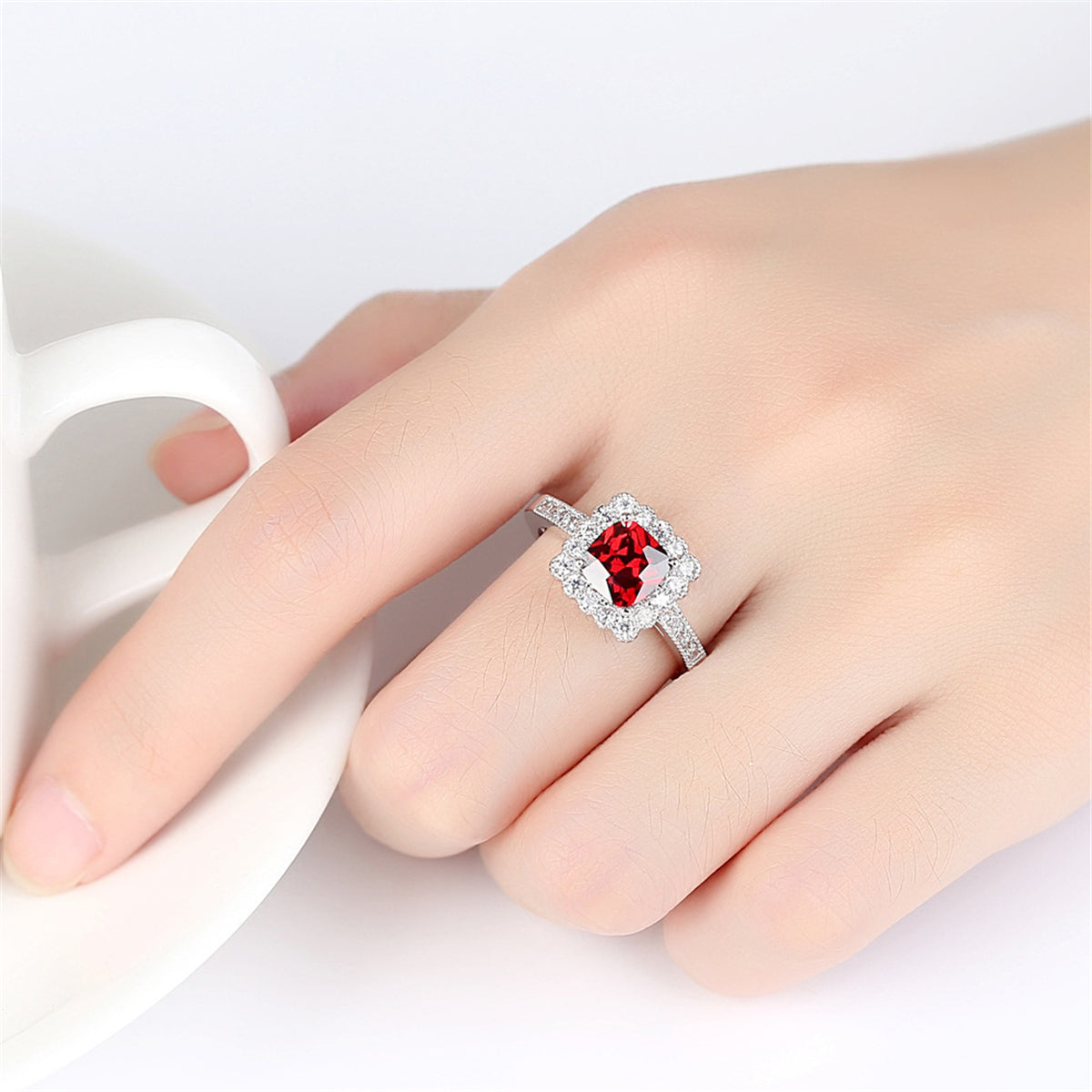 Red Crystal and Cubic Zirconia Cushion-Cut Hola Ring, statement rings for women, vintage-inspired design, lifestyle look