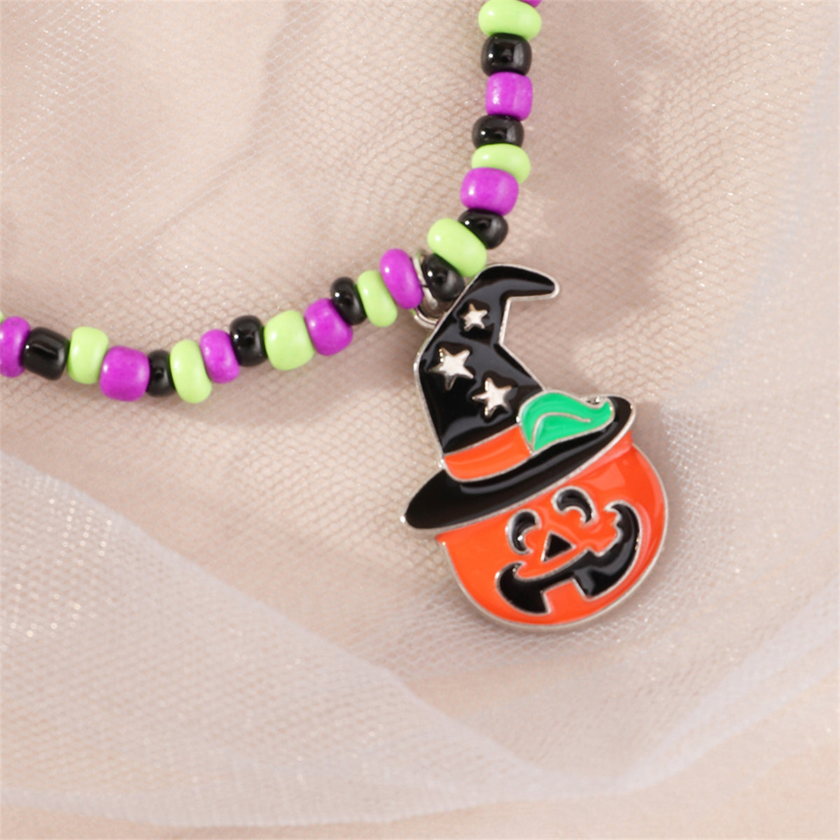 Orange Howlite & Silver-Plated Pumpkin Charm Stretch Bracelet